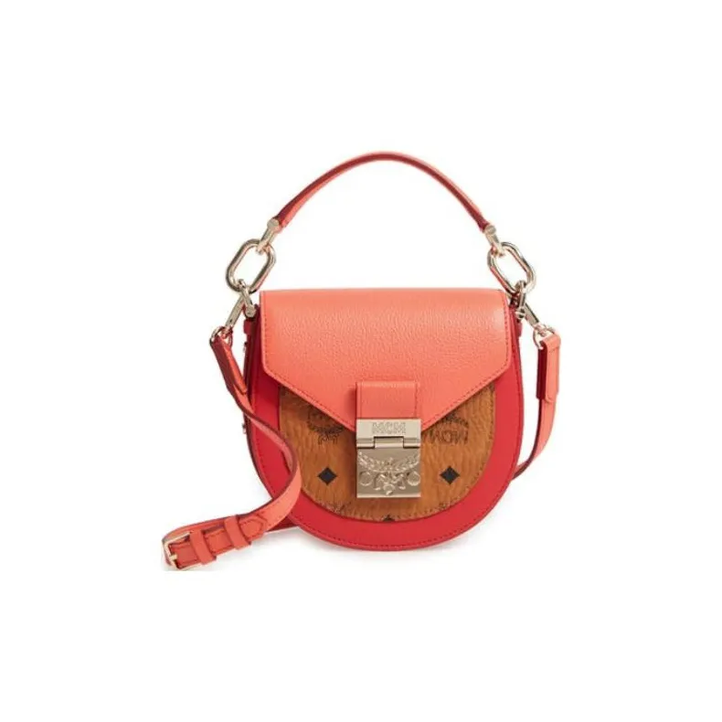 MCM Patricia Visetos Artificial Leather Saddle Bag Handbag, Crossbody Bag Mini Women's Orange-0