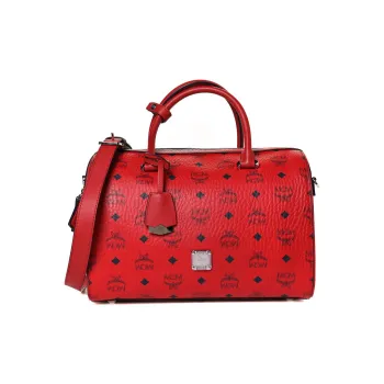 MCM Original Visetos Coated Canvas With Leather Boston Bag Portable Crossbody Bag Shoulder Bag Medium Size Women's Red