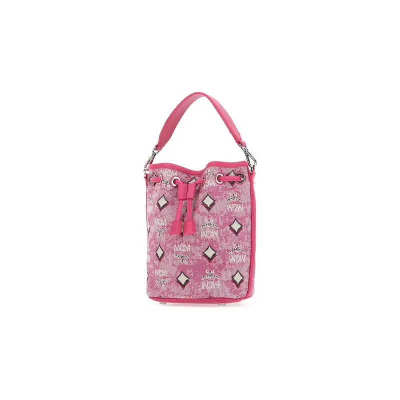 MCM Floral Fabric Cow Leather Patchwork Bucket Bag Crossbody Handbag Shoulder Bag Mini Women's Pink-1