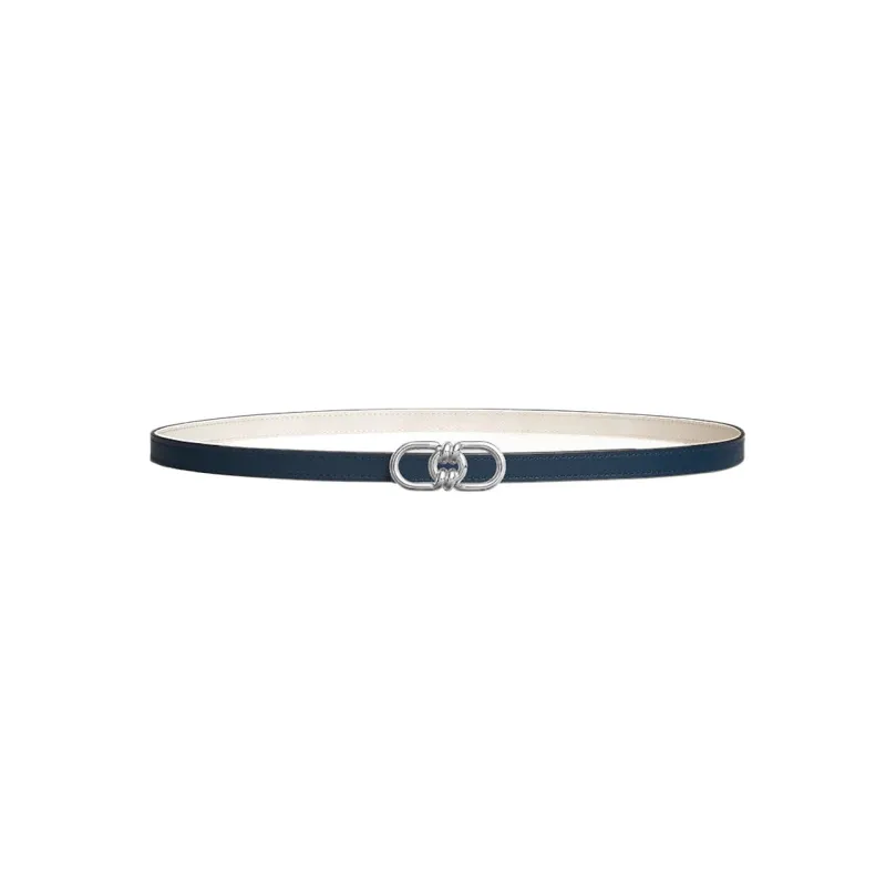 HERMES Plaisance Silver Buckle With Smooth Surface Epsom Calfskin Leather Belts Women's Navy/Chalk White Width: 1.3cm-0