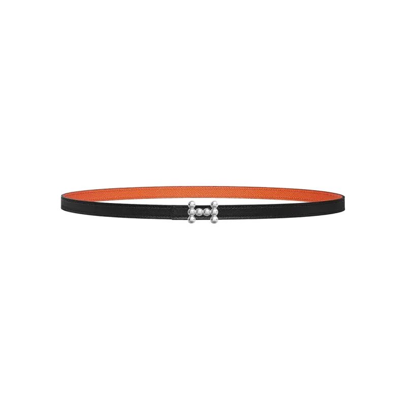 HERMES Bubble Signature Bubble Silver Smooth Buckle Epsom Calfskin Leather Belts Women's Black Width 1.3cm-0