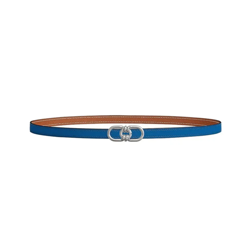 HERMES Signature Plaisance Double-Sided Decoration Smooth Buckle Leather Belts Women's Blue Width: 1.3cm-0
