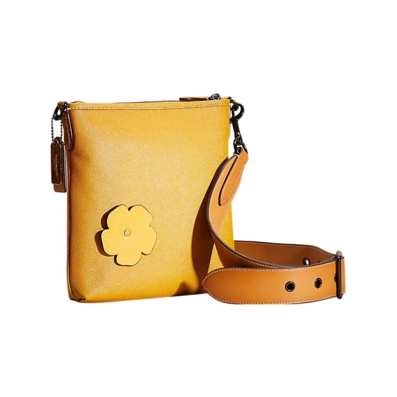 COACH Kitt Cross-Stitch Leather Chain Bag Messenger Bag Shoulder Bag Crossbody Bag Small Size Women's Yellow-1