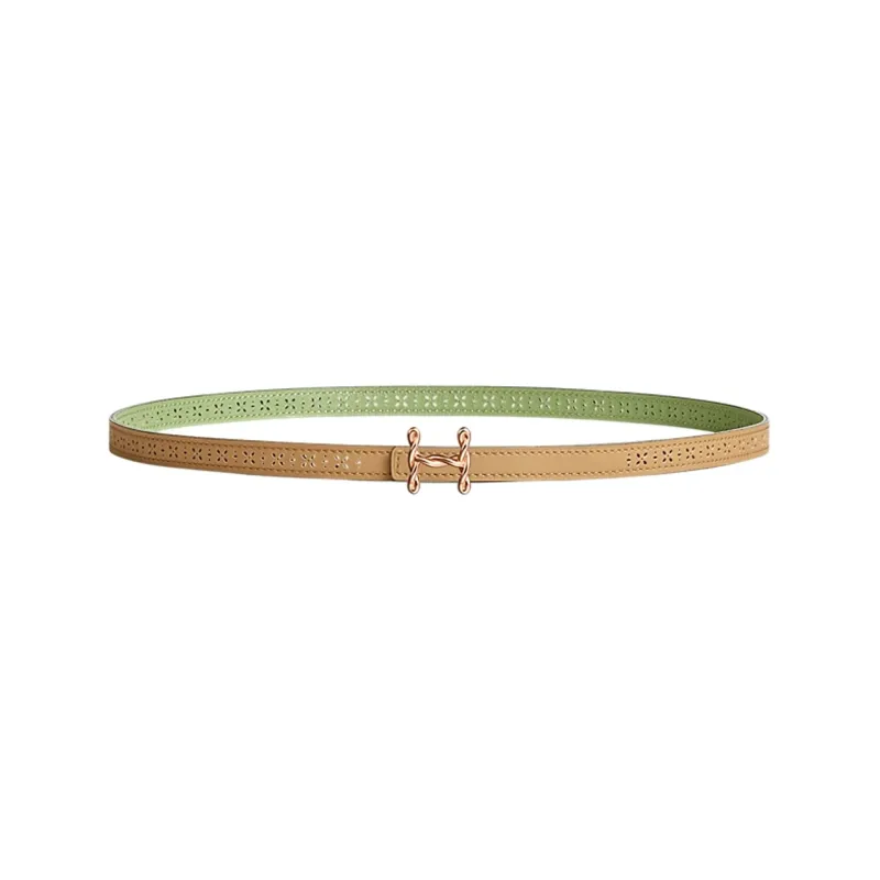 HERMES H Letter Cut-Out Decoration Smooth Buckle Leather Belts Women's Light Brown Width: 1.3cm-0