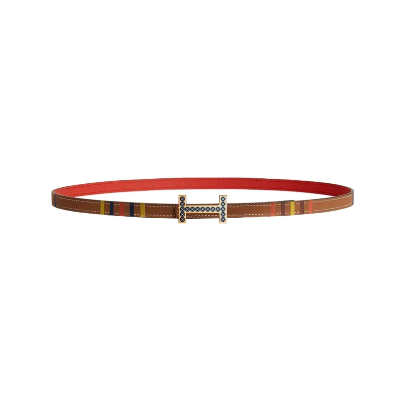 HERMES Focus Medor Laquee Letter With Buckle Smooth Buckle Calfskin Leather Belts Women's Gold/Orange Red 1.3cm-0