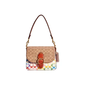 COACH Beat Canvas With Calfskin Square Bag, Shoulder Bag, Handbag Medium Size Women's Brass & Tan Truffle Rust