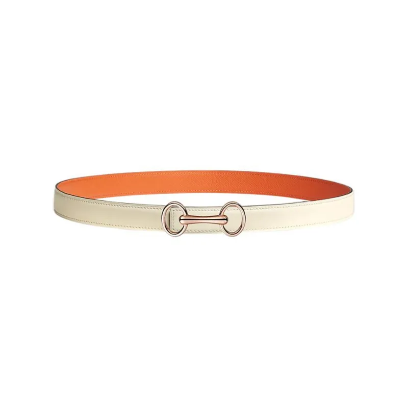 HERMES Heritage Collection Rose Gold Smooth Buckle Calfskin Double Sided Leather Belts Women's White Width 24mm-0