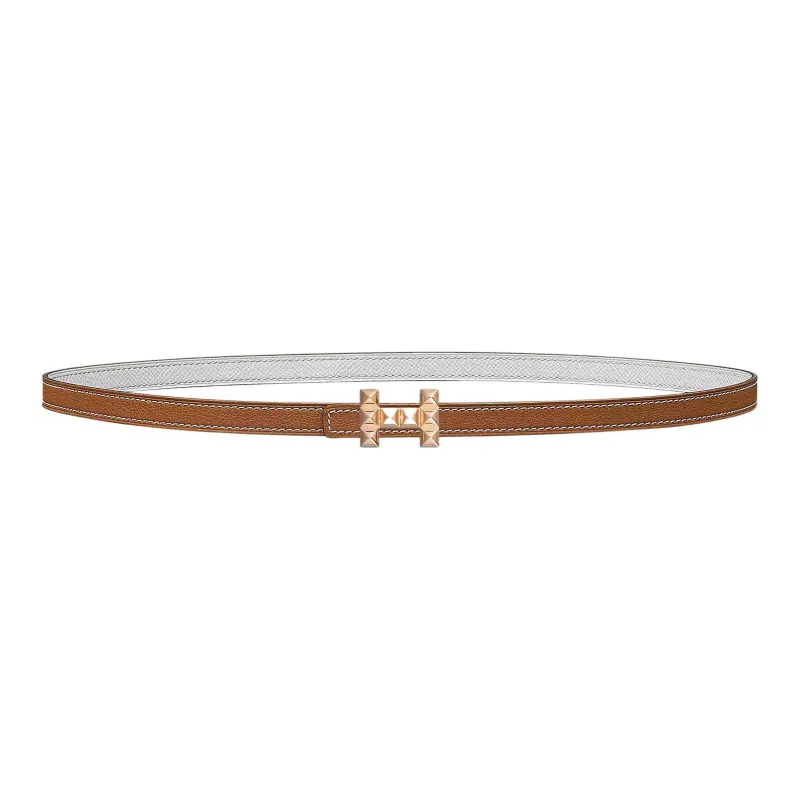 HERMES Medor H Letter Medor Buckle & Double Sided Calfskin Leather Belts Women's Gold/White Width 1.3cm-0