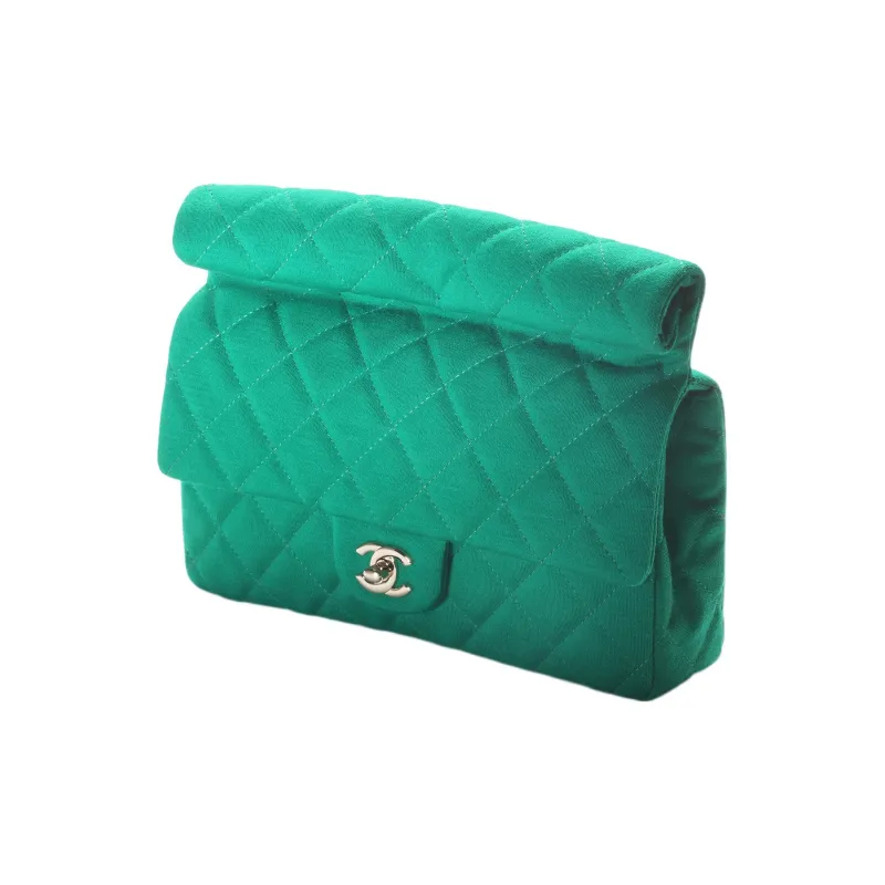 CHANEL Wool Knitted Fabric With Gold Metal Dark Green Evening Clutch Bag Women's Green-1