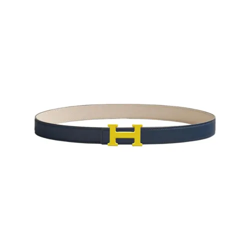 HERMES Classic Logo H Email Uni Yellow Buckle Calfskin Double-Sided Leather Belts Women's Blue Width 24mm
