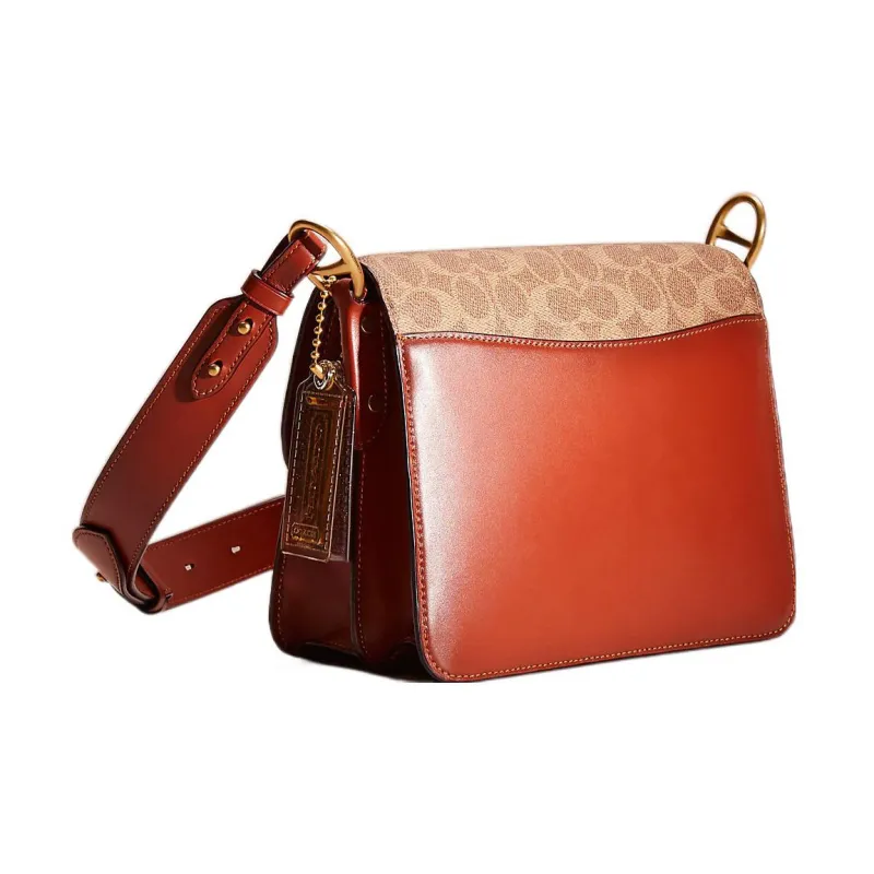 COACH Beat Canvas With Calfskin Square Bag, Shoulder Bag, Handbag Medium Size Women's Brass & Tan Truffle Rust-1