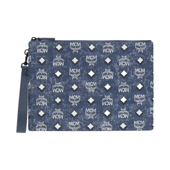 MCM Visetos Leather Wrist Bag Clutch Medium Size Women's Denim Blue