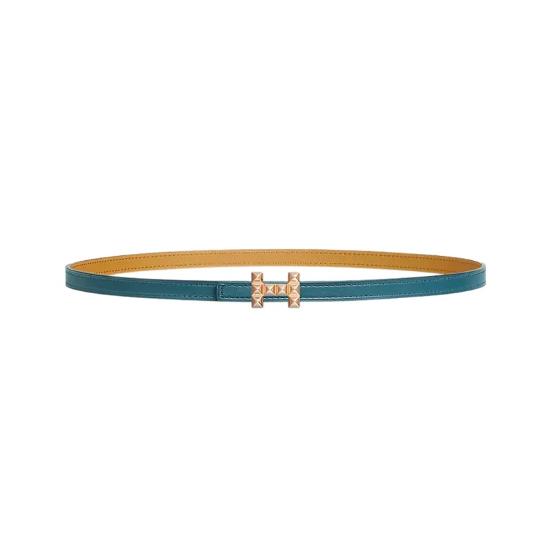 HERMES H Letter Medor Buckle & Double-Sided Leather Gold Smooth Buckle Calfskin Leather Belts Women's Blue Width: 1.3cm-0