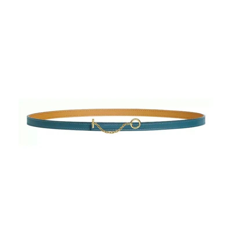 HERMES Carousel Round Buckle, Smooth Buckle Calfskin Leather Belts Women's Denim Blue/Cookie 1.3cm-0
