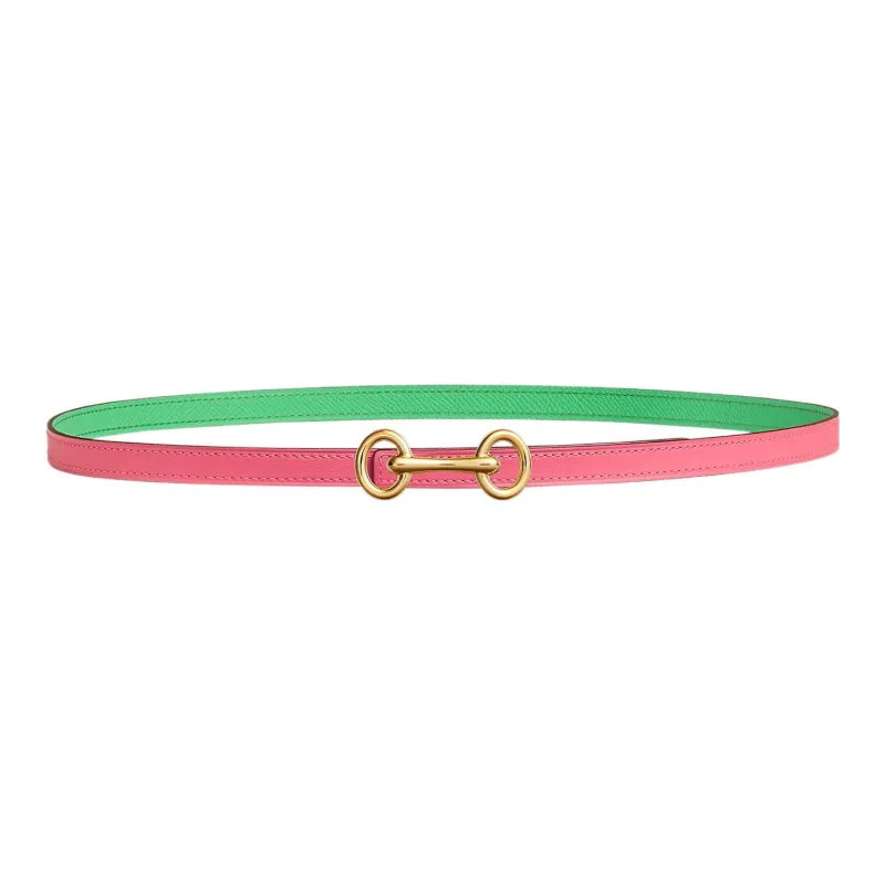 HERMES Heritage Smooth Buckle & Double-Sided Calfskin Leather Belts Women's Dujuan Pink/Comics Green Width: 1.3cm-0