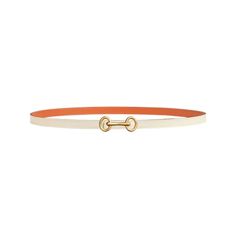 HERMES Heritage Buckle & Double Sided Leather Gold Smooth Buckle Calfskin Leather Belts Women's White Width 1.3cm-0