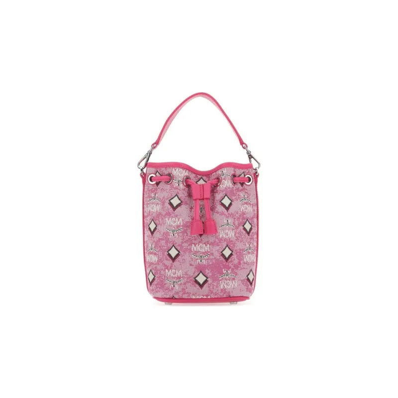MCM Floral Fabric Cow Leather Patchwork Bucket Bag Crossbody Handbag Shoulder Bag Mini Women's Pink-0