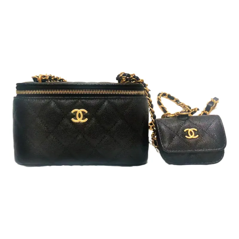 CHANEL Caviar Cow Leather Combo Bag, Long Box Bag, Shoulder Bag, Crossbody Bag Women's Black-0