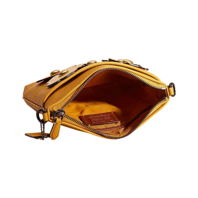 COACH Kitt Cross-Stitch Leather Chain Bag Messenger Bag Shoulder Bag Crossbody Bag Small Size Women's Yellow-2
