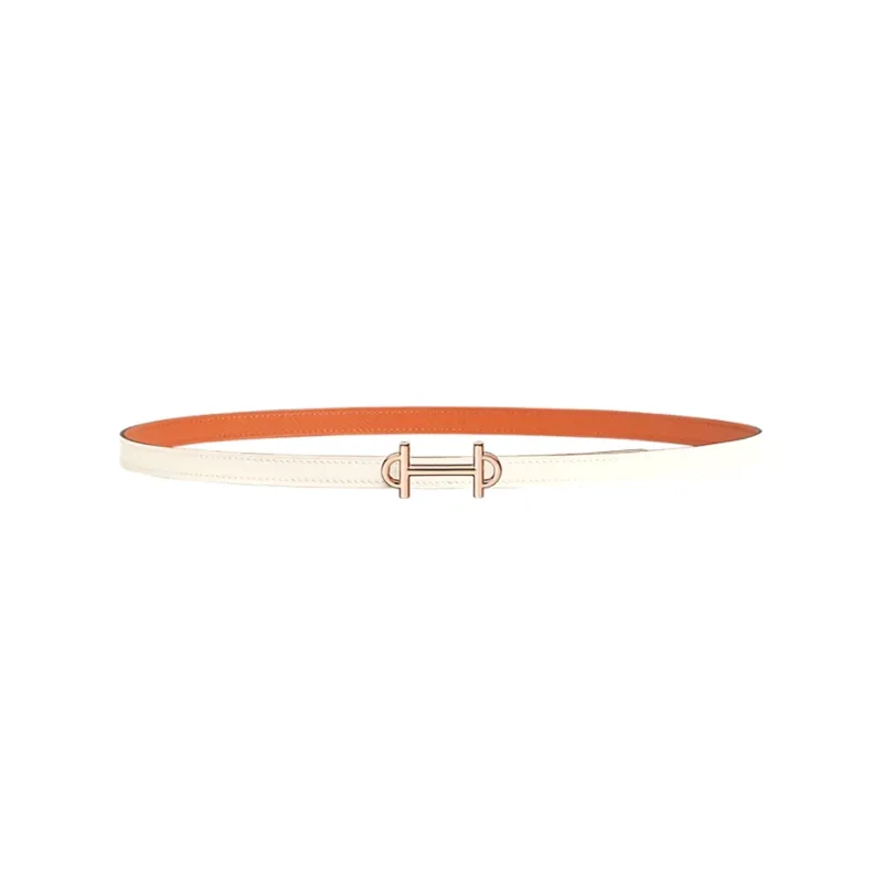 HERMES Cow Leather Double Sided Gold Smooth Buckle Calfskin Belt Women's Beige Width 1.3CM-0