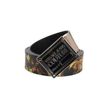 VERSACE Patterned Print Smooth Buckle Cow Leather Leather Belts Men's Brown Width: 3.5cm