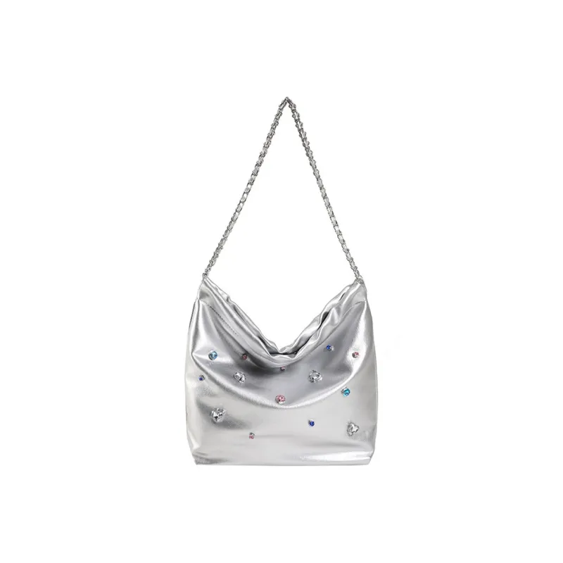 NOMK Leather Chain Bag Tote Bag Shopping Bag Bucket Bag Shoulder Bag Handbag Crossbody Bag Shoulder Bag Women's Silver-0