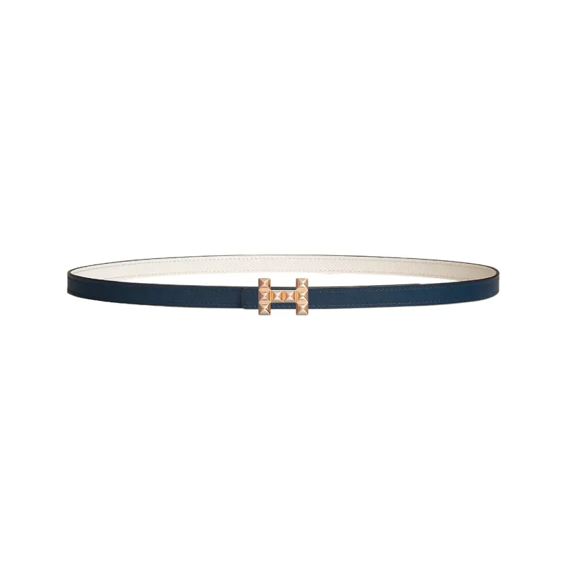 HERMES Medor H Letter Medor Buckle, Smooth Buckle Calfskin Leather Belts Women's Navy/Chalk White 1.3cm-0