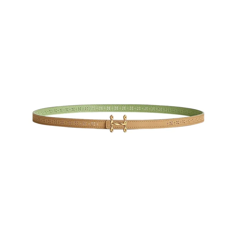 HERMES H-Shaped Letter Cut-Out Decoration Smooth Buckle Leather Belts Women's Light Brown Width: 1.3cm-0