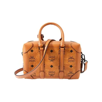 MCM Artificial Leather Boston Bag, Box Bag, Shoulder Bag, Crossbody Bag, Handbag Small Size Women's Brown Cognac