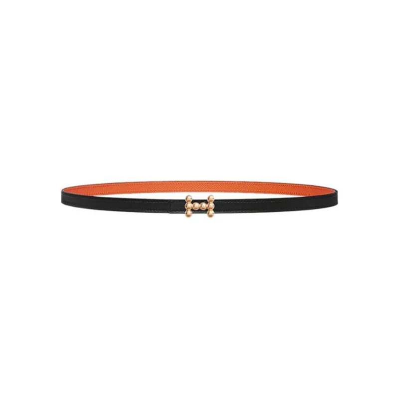 HERMES Bubble Classic Logo Gold Buckle Calfskin Double Sided Leather Belts Women's Black Width 13mm-0