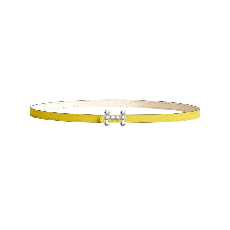 HERMES Signature Bubble Silver Smooth Buckle Epsom Calfskin Leather Belts Women's Yellow Width: 1.3cm-0
