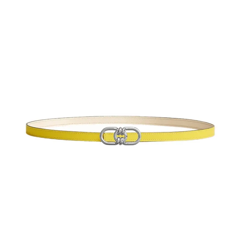 HERMES Double Sided Signature Plaisance Smooth Buckle Leather Belts Women's Yellow Width 1.3cm-0