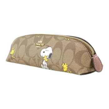 COACH Peanuts Snoopy Collaboration Pencil Case Canvas With Leather Pencil Case Makeup Bag Small Size Women's Khaki