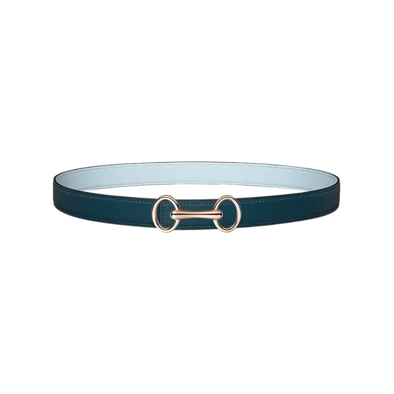 HERMES Heritage Buckle Gold Smooth Buckle Epsom Calfskin Double Sided Leather Belts Women's Dark Blue Width 2.4cm-0