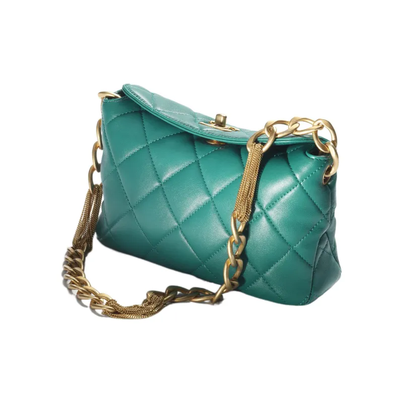 CHANEL Sheepskin Hobo Bag Shoulder Bag Trumpets Women's Dark Green-1