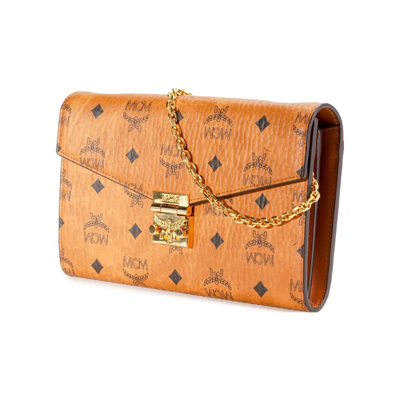 MCM Patricia Visetos Leather Envelope Bag, Chain Bag, Shoulder Bag, Crossbody Bag Women's Brown/Cognac-1