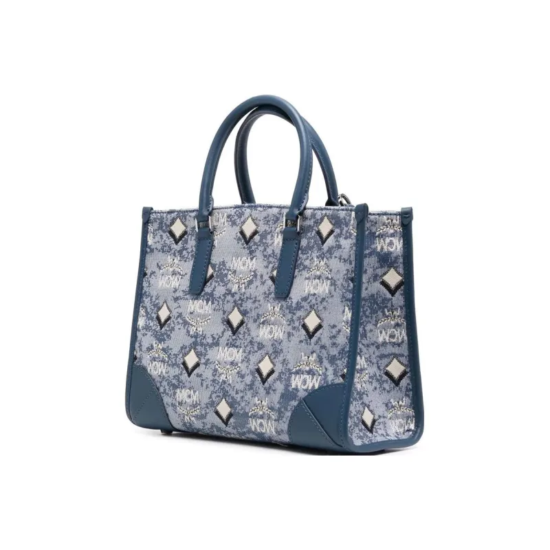 MCM Vintage Monogram Fabric With Leather Tote Bag, Shopping Bag, Shoulder Bag, Handbag Small Size Women's Blue-1