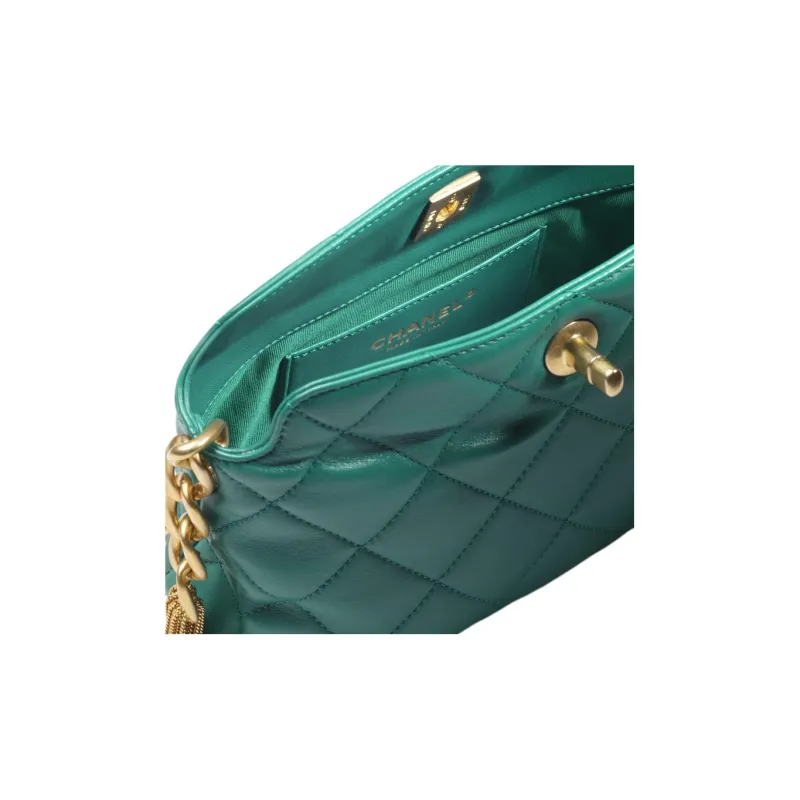 CHANEL Sheepskin Hobo Bag Shoulder Bag Trumpets Women's Dark Green-2