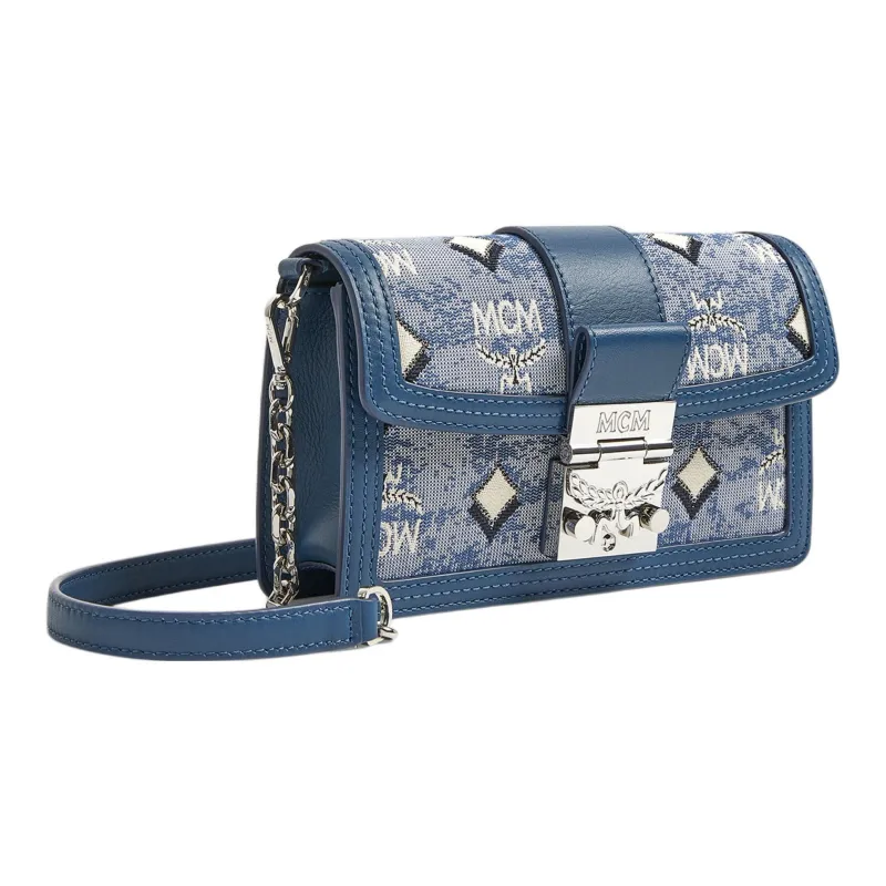 MCM Monogram Jacquard Textile Shoulder Bag, Crossbody Bag Mini Women's Blue-1