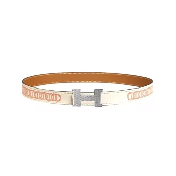 HERMES Mini Constance Guillochee Letter With Buckle Smooth Buckle Calfskin Leather Belts Women's Cream White/Gold 2.4cm
