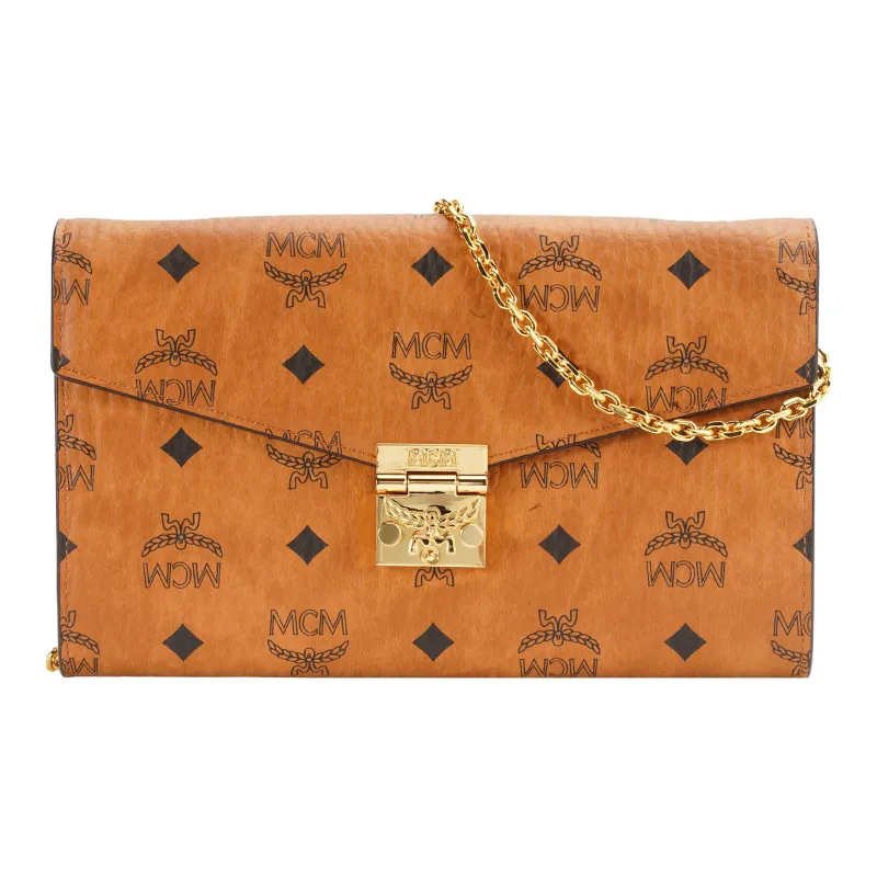 MCM Patricia Visetos Leather Envelope Bag, Chain Bag, Shoulder Bag, Crossbody Bag Women's Brown/Cognac-0