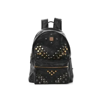 MCM Stark Visetos Canvas Leather Backpack Regular Unisex Black Gold