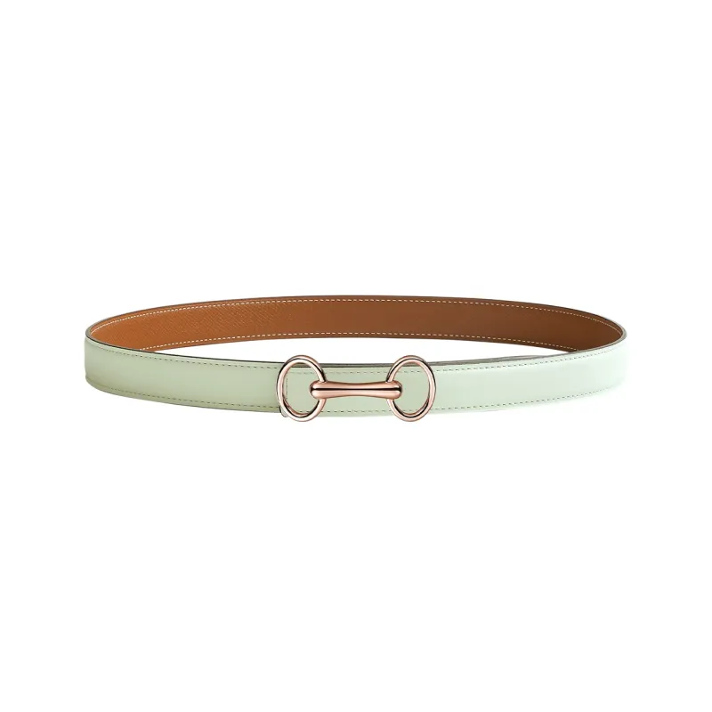 HERMES Heritage Rose Gold Smooth Buckle Double-Sided Calfskin Leather Belts Women's Light Green Width: 2.4cm-0