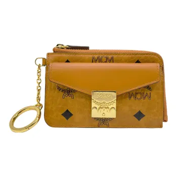 MCM Patricia Visetos Coated Canvas With Leather Trim Card Holder Card Holder Mini Women's Brown Cognac