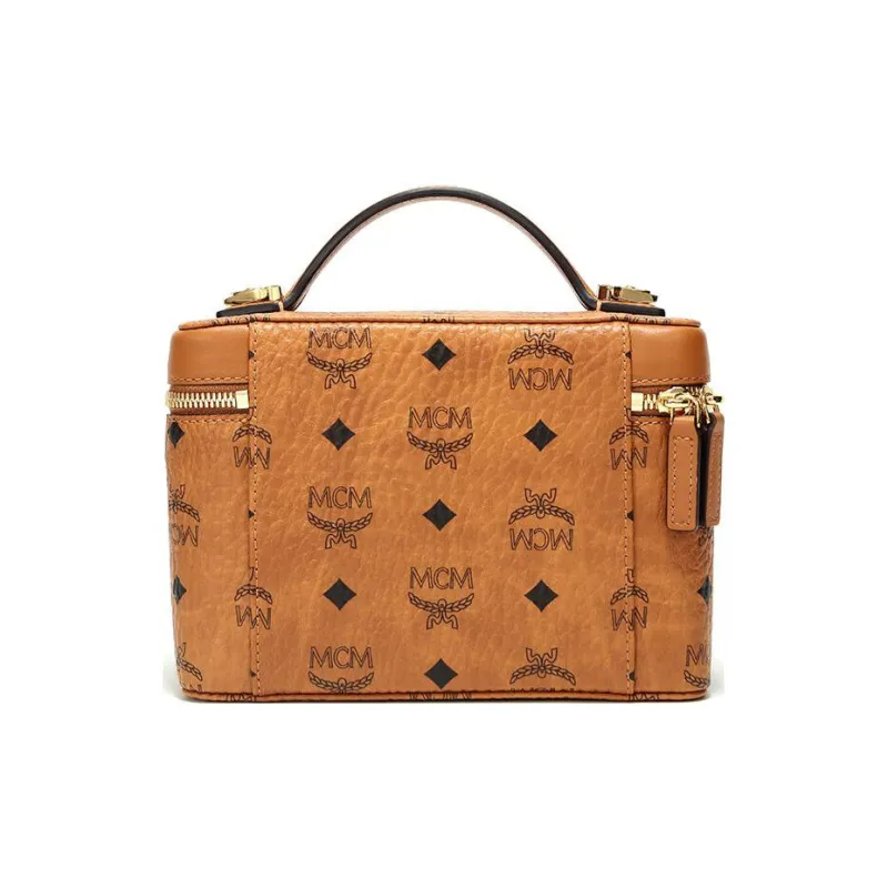 MCM Original Visetos Coated Canvas Makeup Case+Box+Bag+Handbag Small Size Women's Brown Cognac-4