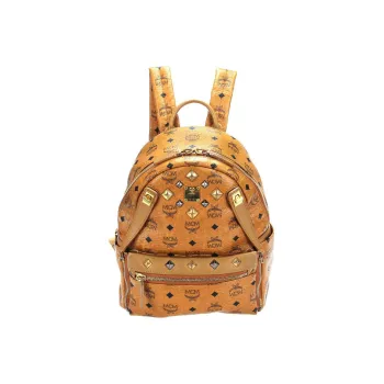 MCM Stark Visetos Coated Canvas Clutch Backpack Medium Size Unisex Brown Cognac