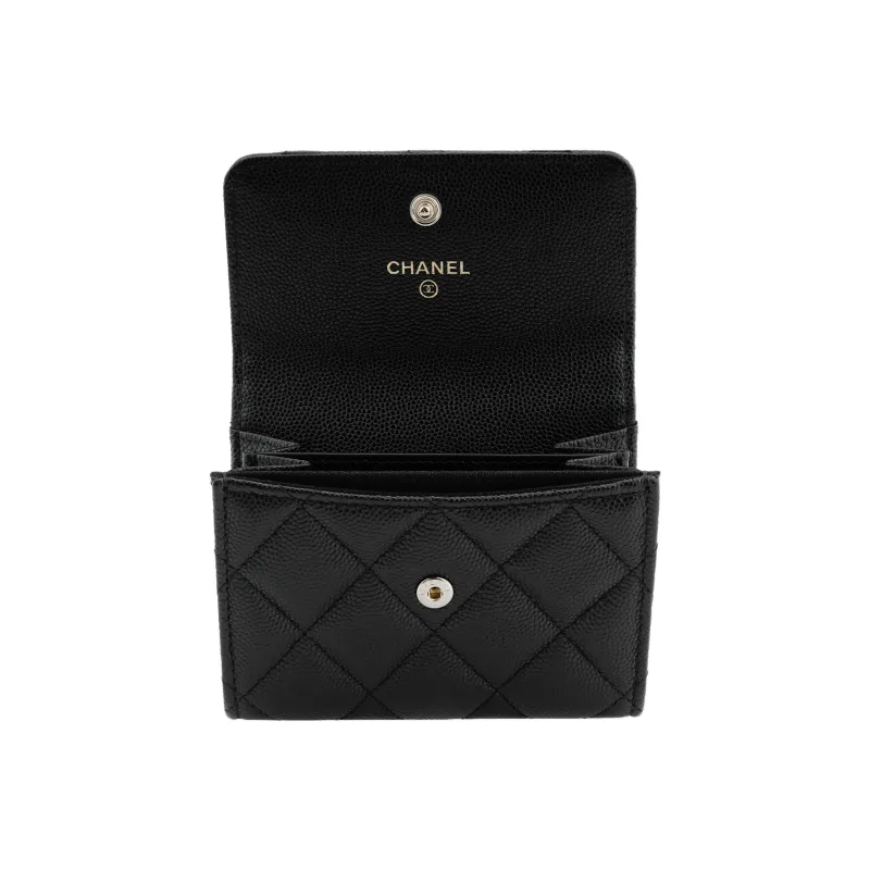 CHANEL Litchi Grain Cow Leather Card Holder, Coin Purse Women's Black-4