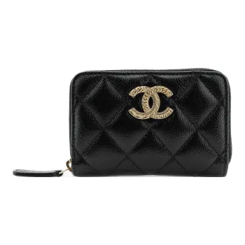 CHANEL 23P SS Litchi Grain Embossed Cow Leather Coin Purse, Card Holder Regular Women's Black