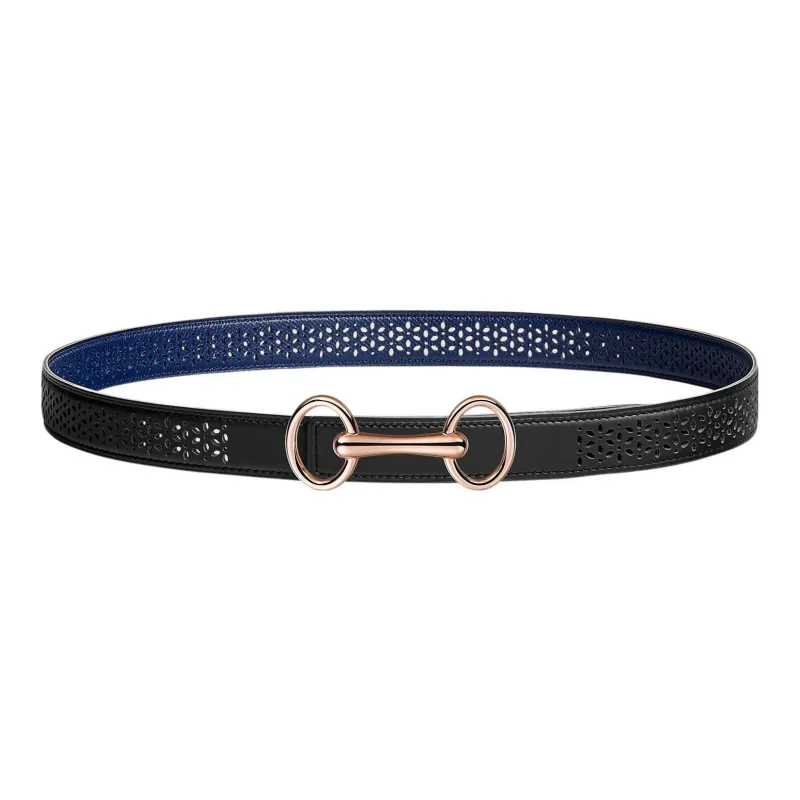 HERMES Heritage Buckle & Double Sided Swift And Epsom Calfskin Leather Belts Women's Black/Sapphire Blue Width 2.4cm-0
