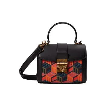 MCM Jacquard Fabric With Cow Leather One Shoulder Handbag Small Size Women's Black, Red & Multicolor